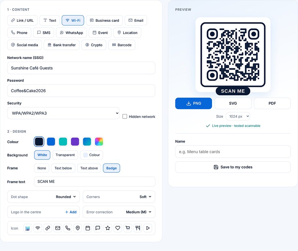 Kode Wi-Fi: nama jaringan Sunshine Café Guests, kata sandi dan enkripsi WPA/WPA2/WPA3, bingkai Badge dengan SCAN ME.