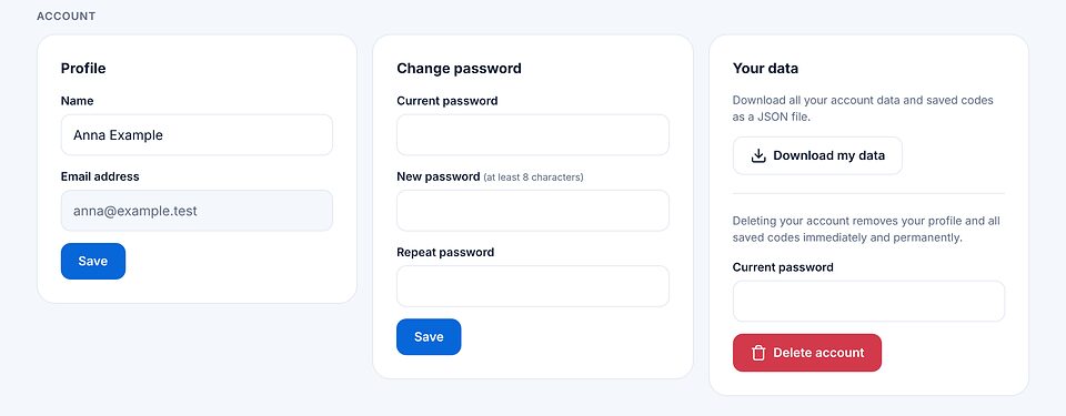 Bagian akun dengan profil, ubah kata sandi, dan data Anda dengan unduh data saya serta hapus akun.