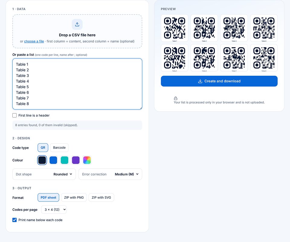 Halaman Massal: daftar Table 1 sampai Table 8, pengaturan desain, keluaran lembar PDF dengan 12 kode per halaman, dan pratinjau delapan kode beserta namanya.